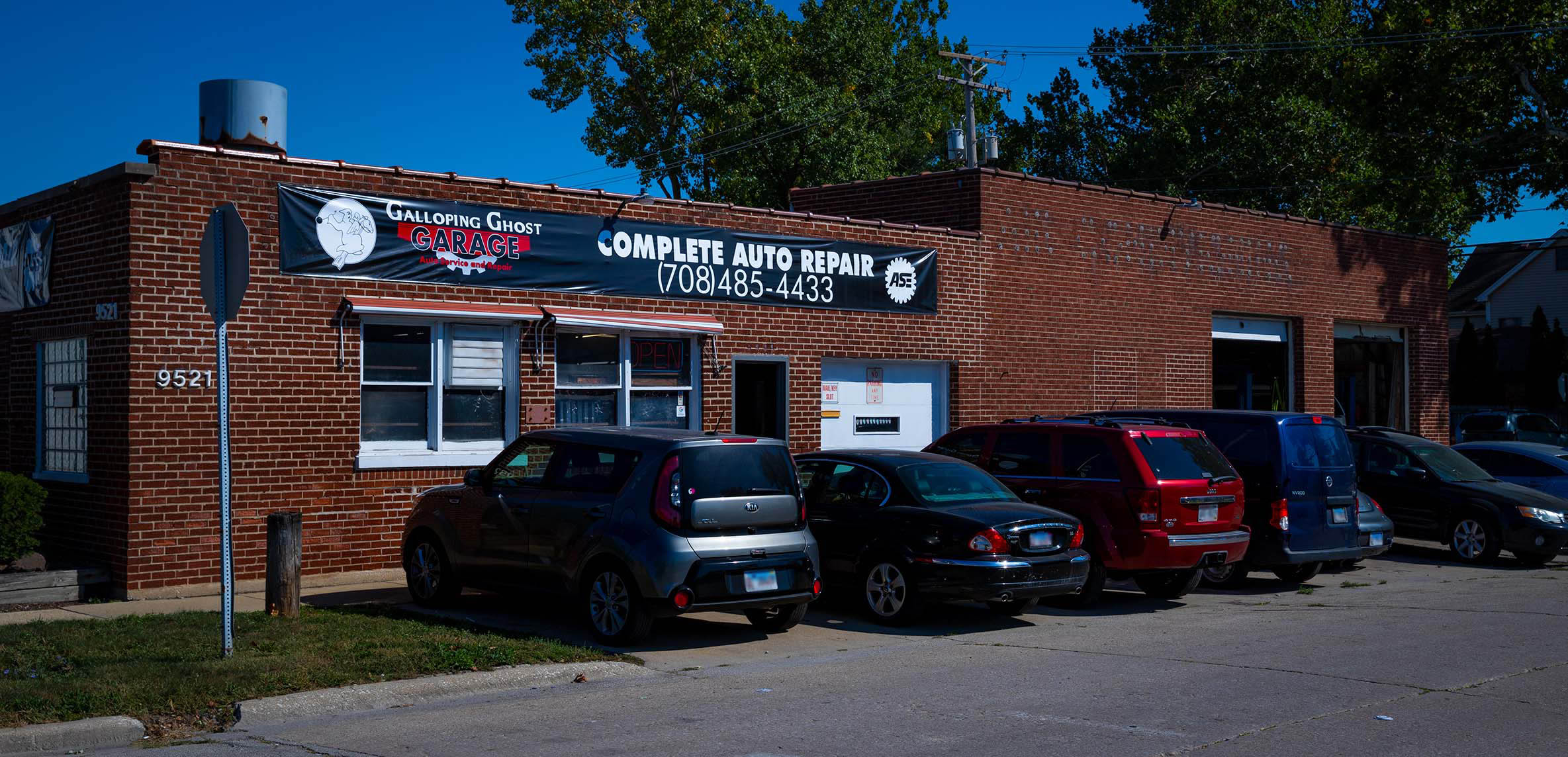 Galloping Ghost Garage exterior shot of auto repair building.
